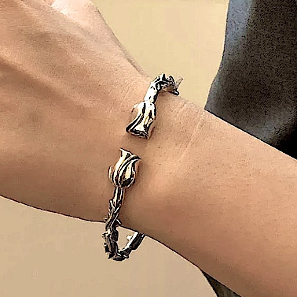STERLING SILVER ROSE FLOWER BANGLE BRACELET